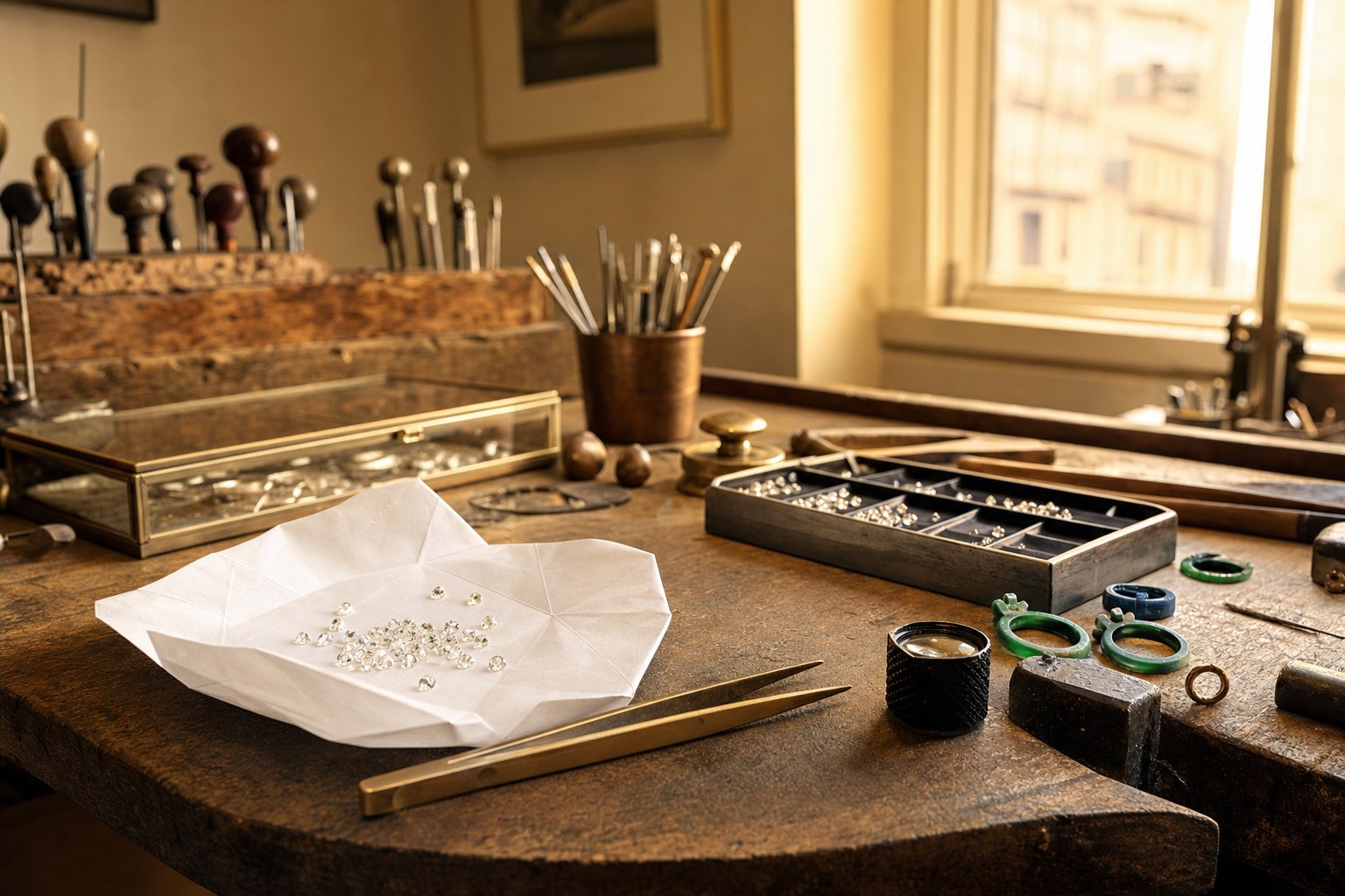 A jeweler's workbench in the New York diamond district with loose diamonds, tweezers and a loupe