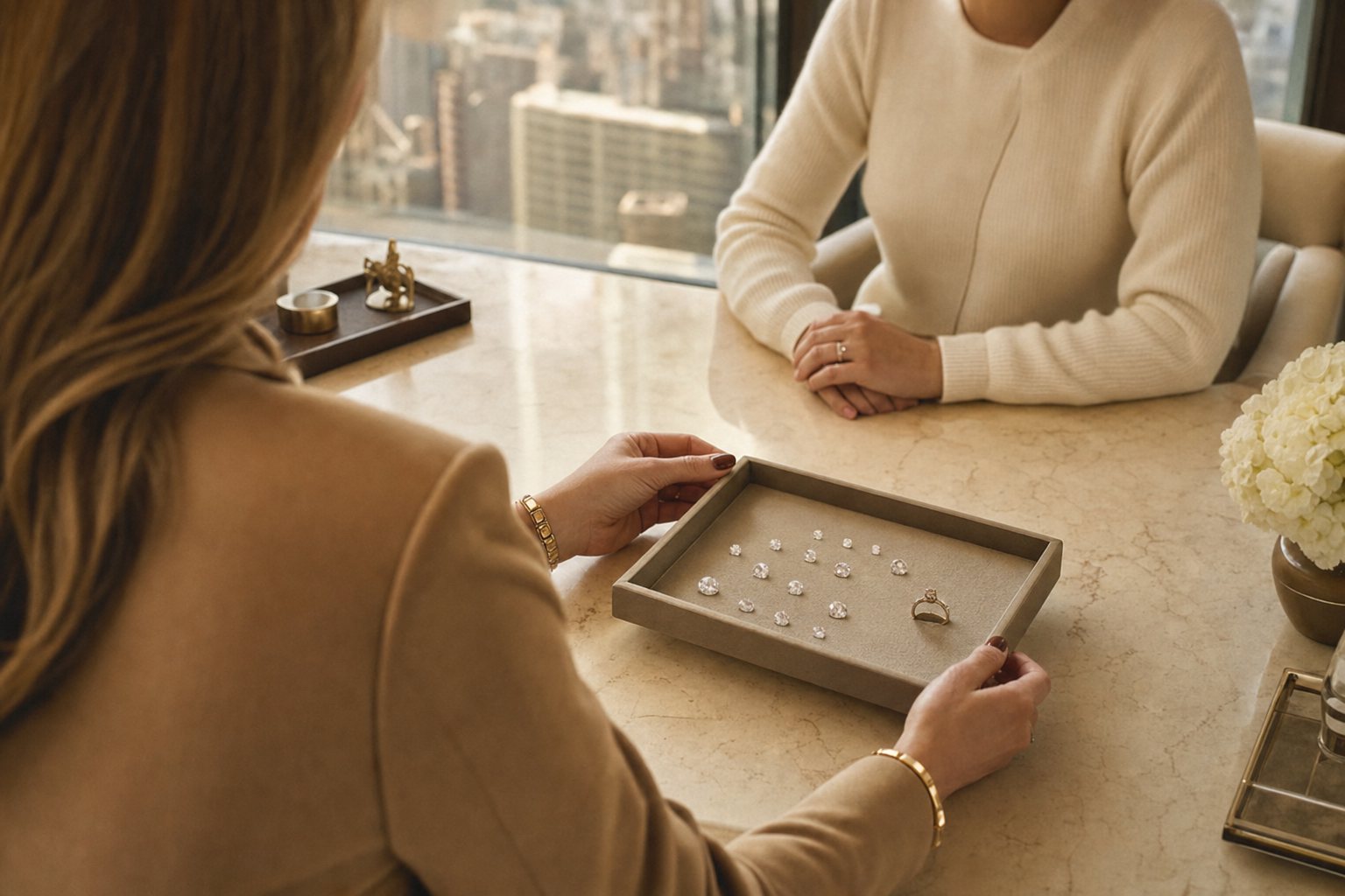 A concierge presenting a tray of loose diamonds to a client at a sunlit Manhattan table