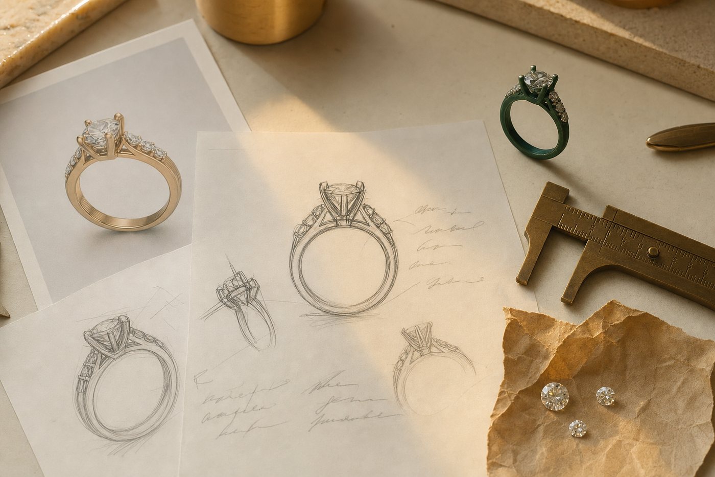 Hand-drawn ring sketches, a CAD rendering, a wax model and loose diamonds on a cream desk