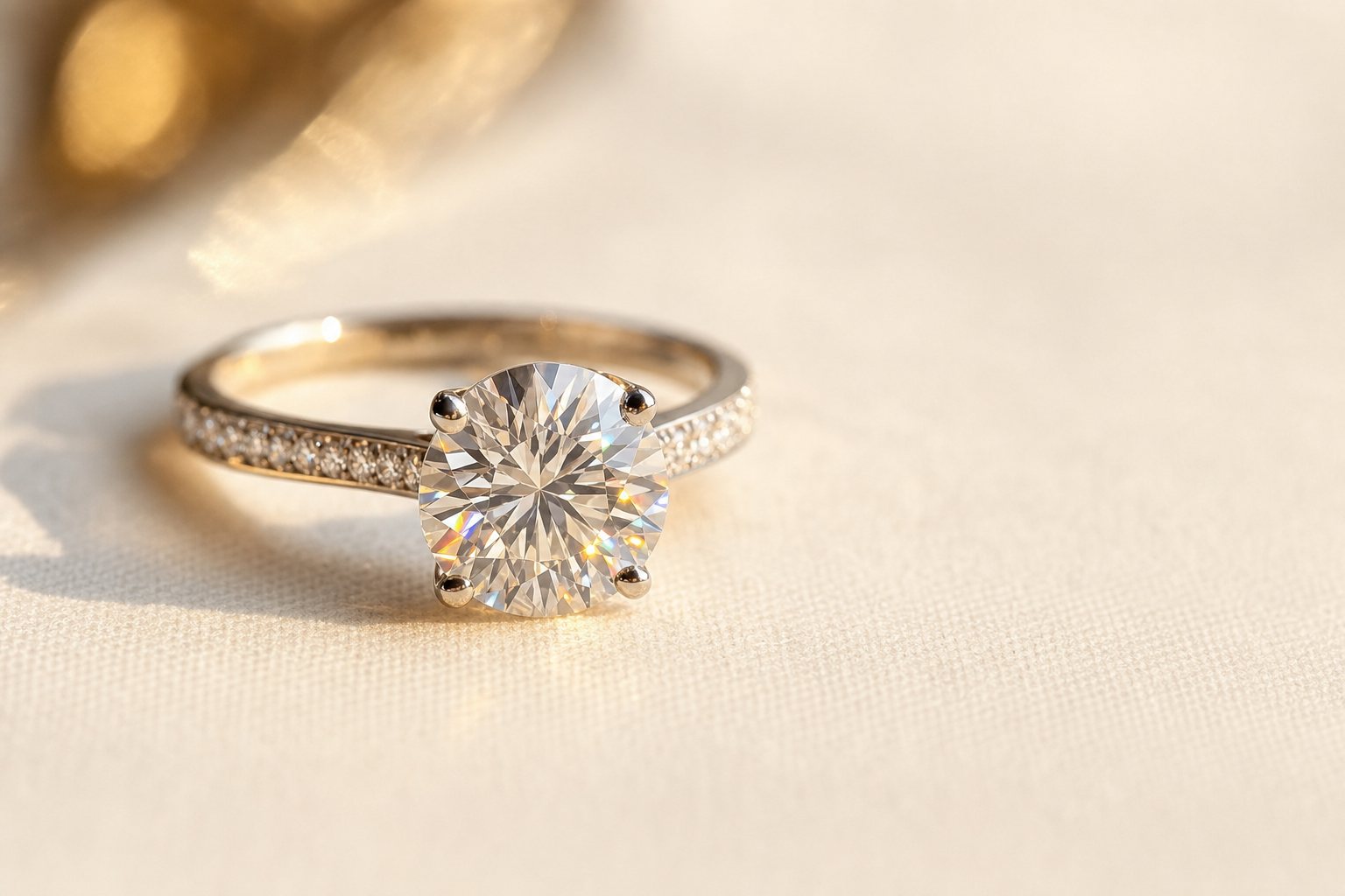 A round brilliant diamond solitaire engagement ring photographed in warm light on ivory linen